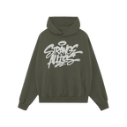 Strange Allies Handstyle Hoodie with graffiti-style Strange Allies lettering, featuring drips and halo. Includes a kangaroo p