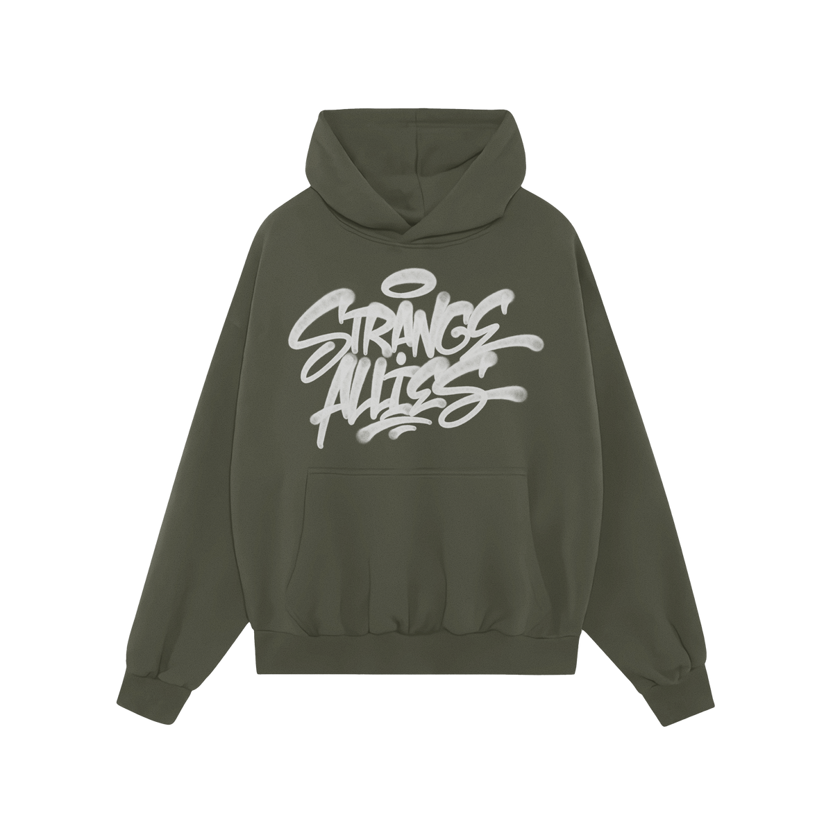 Strange Allies Handstyle Hoodie with graffiti-style Strange Allies lettering, featuring drips and halo. Includes a kangaroo p