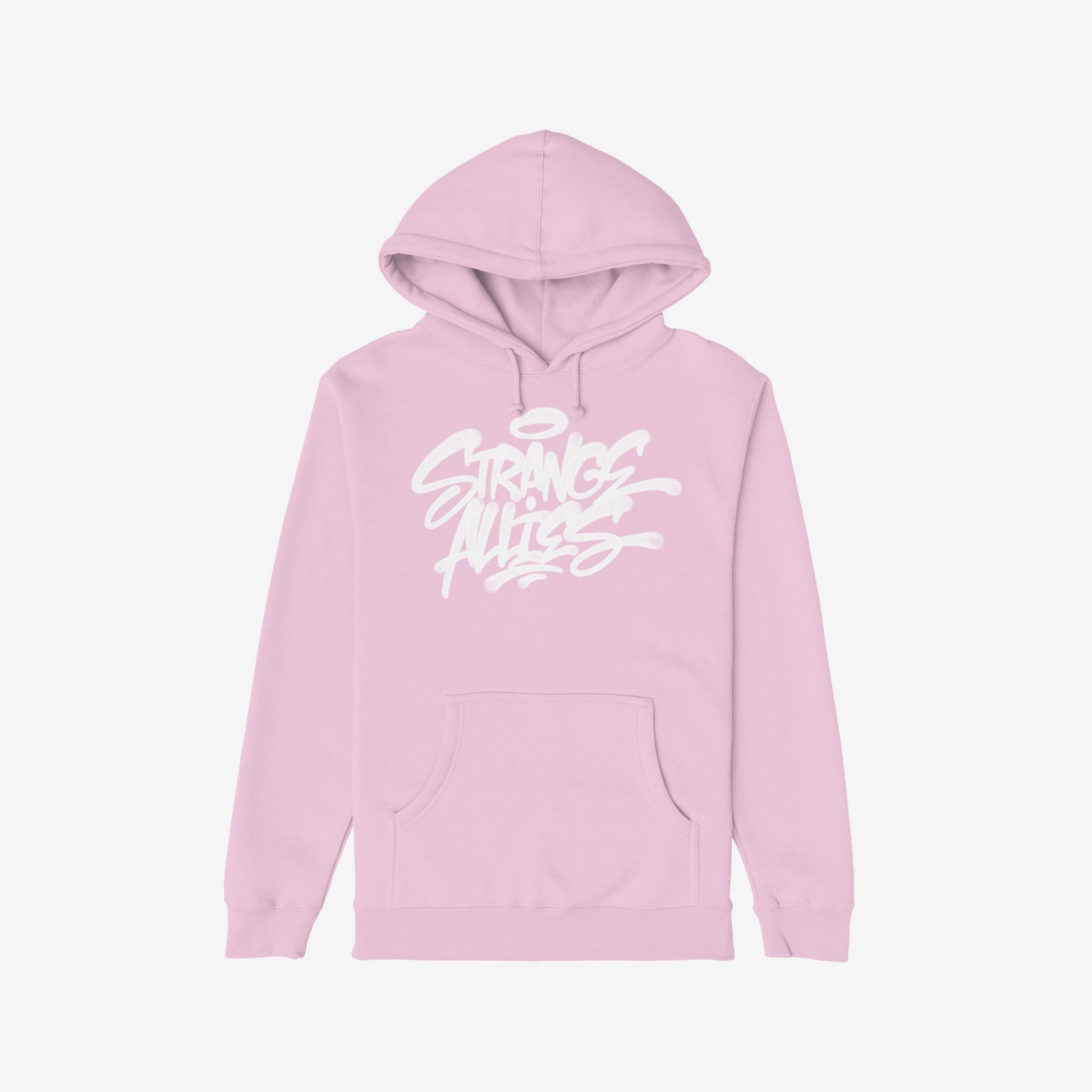 Strange Allies Handstyle Hoodie showcasing a graffiti-style “Strange Allies” logo with a halo on the chest, featuring a drawstring hood and kangaroo pocket for a bold, street-ready statement.