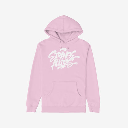 Strange Allies Handstyle Hoodie showcasing a graffiti-style “Strange Allies” logo with a halo on the chest, featuring a drawstring hood and kangaroo pocket for a bold, street-ready statement.