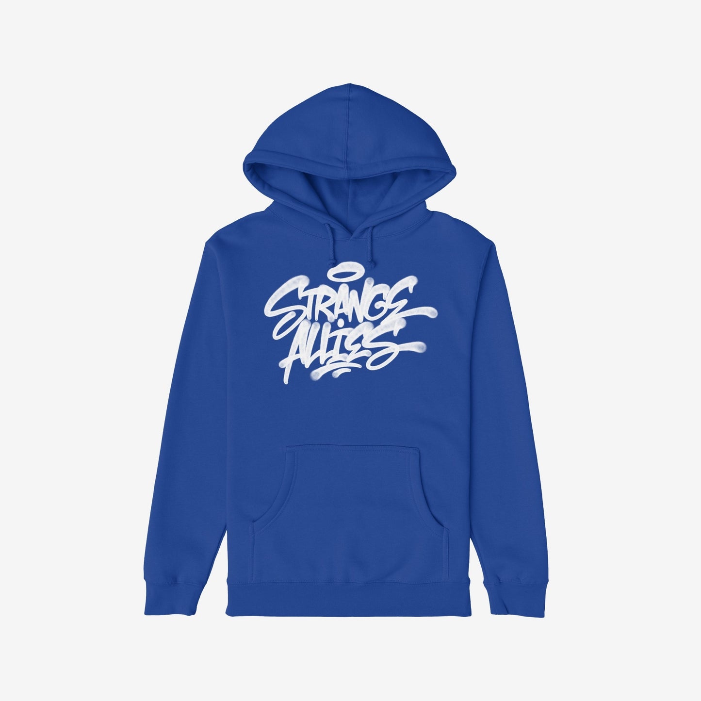Strange Allies Handstyle Hoodie featuring a graffiti-style logo on the chest, equipped with a kangaroo pocket and drawstring hood, reflecting unity and rebellion in a cozy street-ready design.