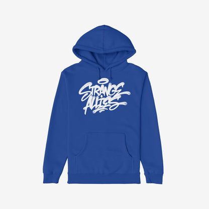 Strange Allies Handstyle Hoodie featuring a graffiti-style logo on the chest, equipped with a kangaroo pocket and drawstring hood, reflecting unity and rebellion in a cozy street-ready design.