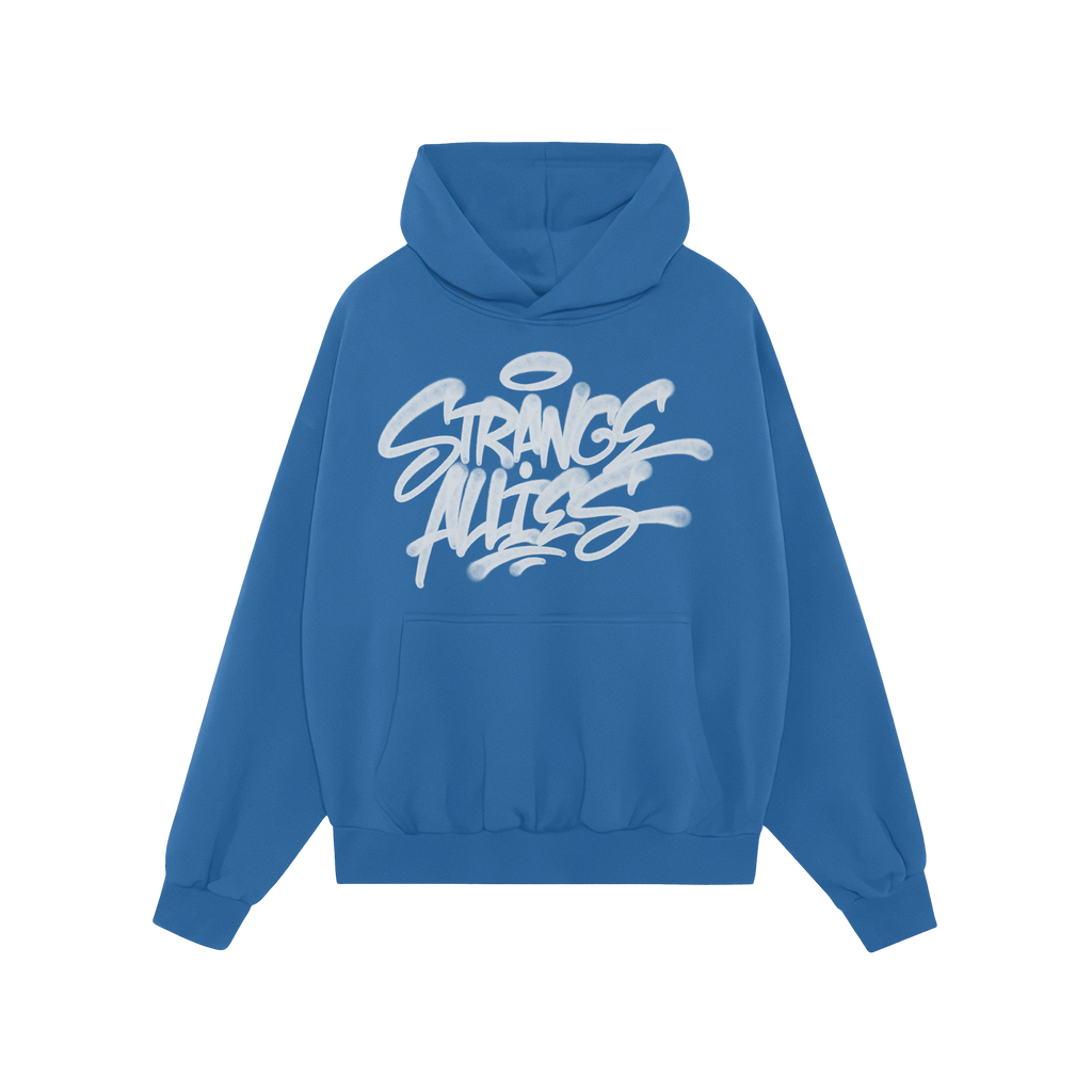 Strange Allies Handstyle Hoodie featuring a graffiti-style logo on the chest, equipped with a kangaroo pocket and drawstring 