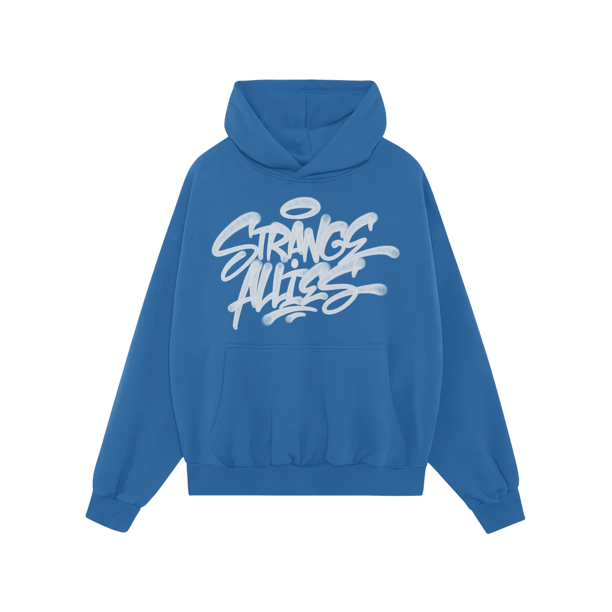 Strange Allies Handstyle Hoodie featuring a graffiti-style logo on the chest, equipped with a kangaroo pocket and drawstring 