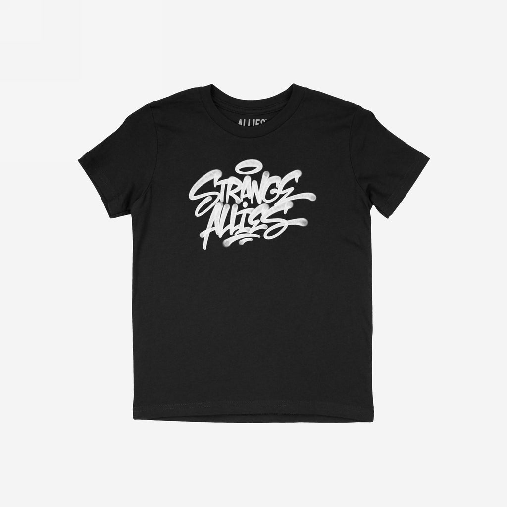 Strange Allies Handstyle T-shirt features bold graffiti-style STRANGE ALLIES print with a halo swoosh, embodying outsider spirit and street art culture, perfect for those who embrace unique identities.