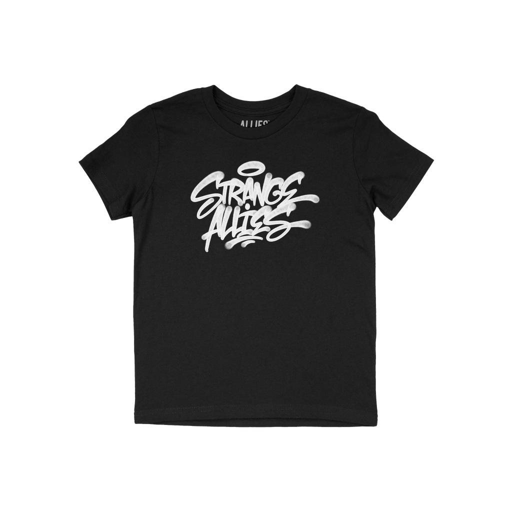 Strange Allies Handstyle T-shirt features bold graffiti-style STRANGE ALLIES print with a halo swoosh, embodying outsider spi