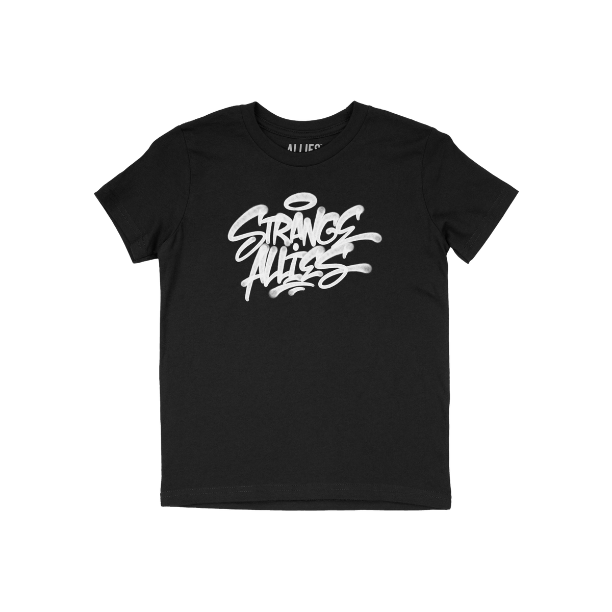 Strange Allies Handstyle T-shirt features bold graffiti-style STRANGE ALLIES print with a halo swoosh, embodying outsider spi