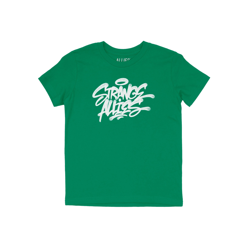 Strange Allies Handstyle T-shirt featuring a bold, graffiti-style logo STRANGE ALLIES with a halo graphic, embodying defiant