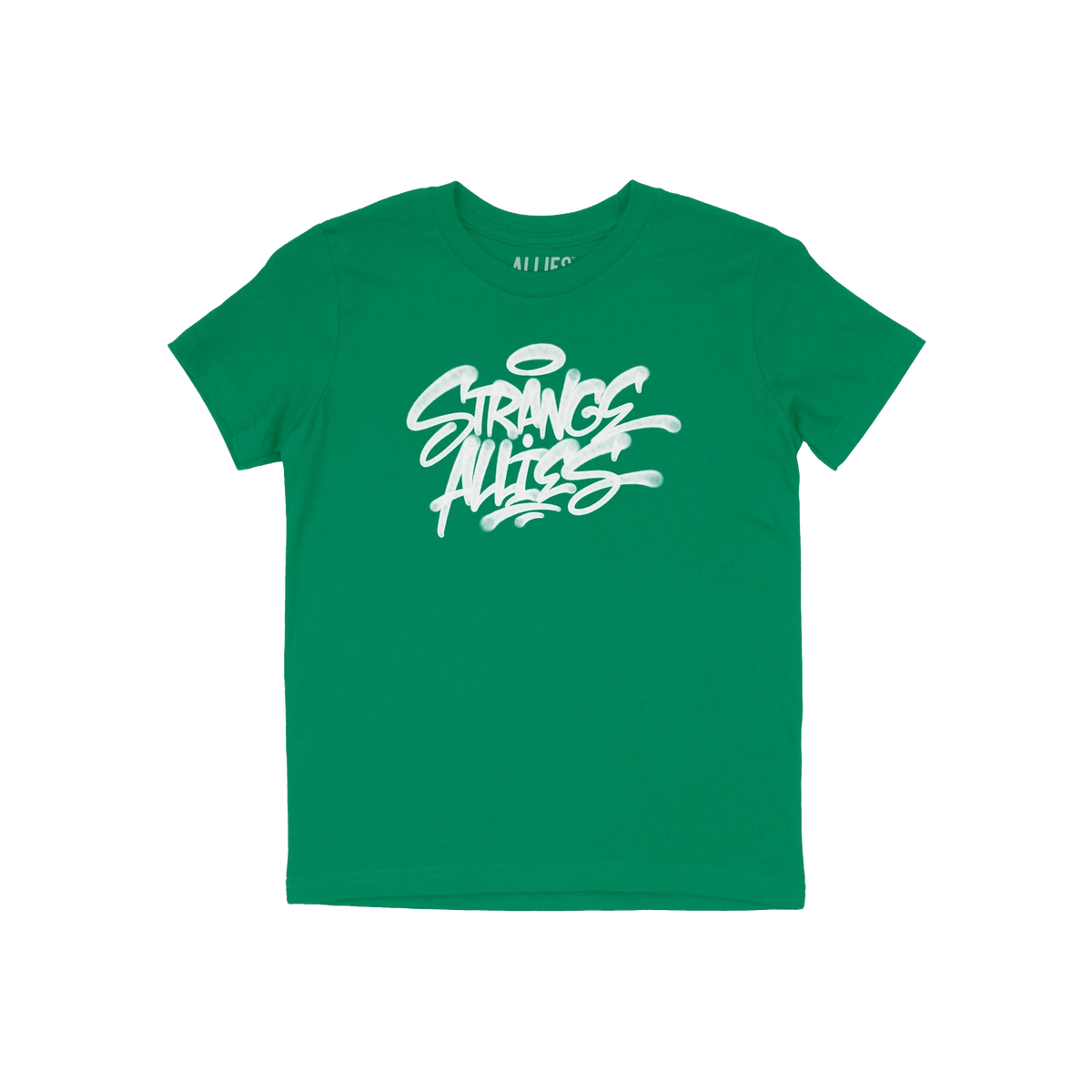 Strange Allies Handstyle T-shirt featuring a bold, graffiti-style logo STRANGE ALLIES with a halo graphic, embodying defiant