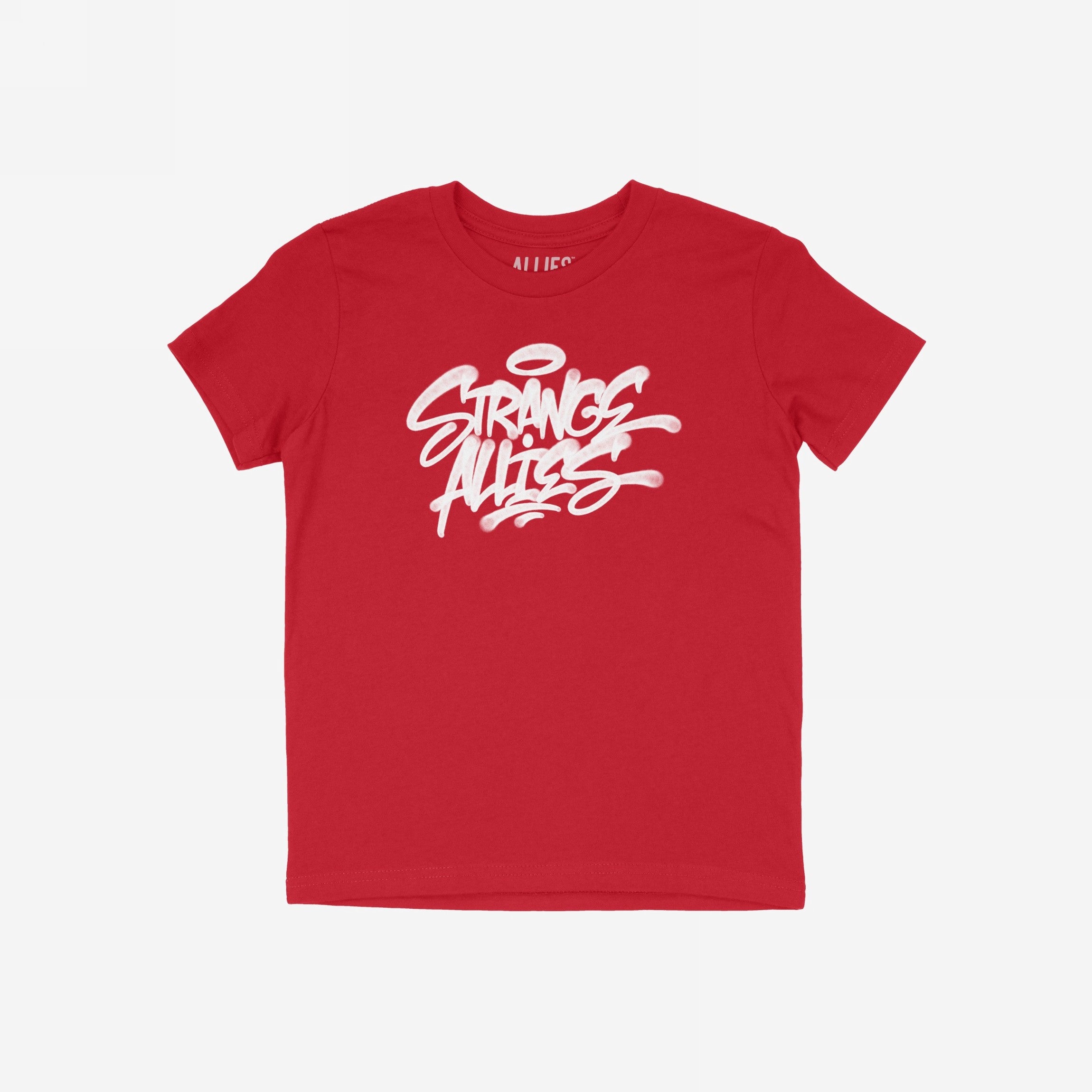 Strange Allies Handstyle T-shirt featuring bold, graffiti-style text STRANGE ALLIES across the chest, embodying rebellious spirit and inclusivity.
