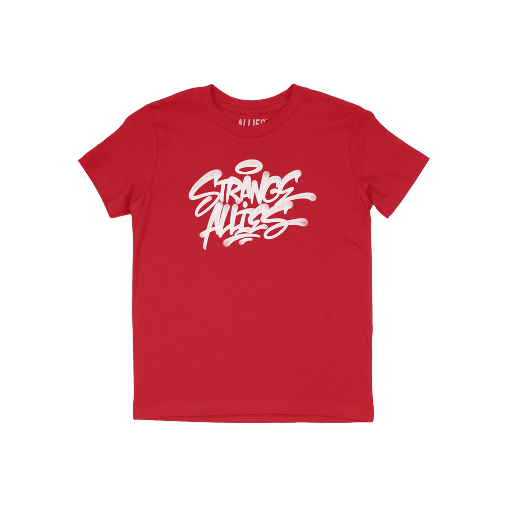 Strange Allies Handstyle T-shirt featuring bold, graffiti-style text STRANGE ALLIES across the chest, embodying rebellious sp