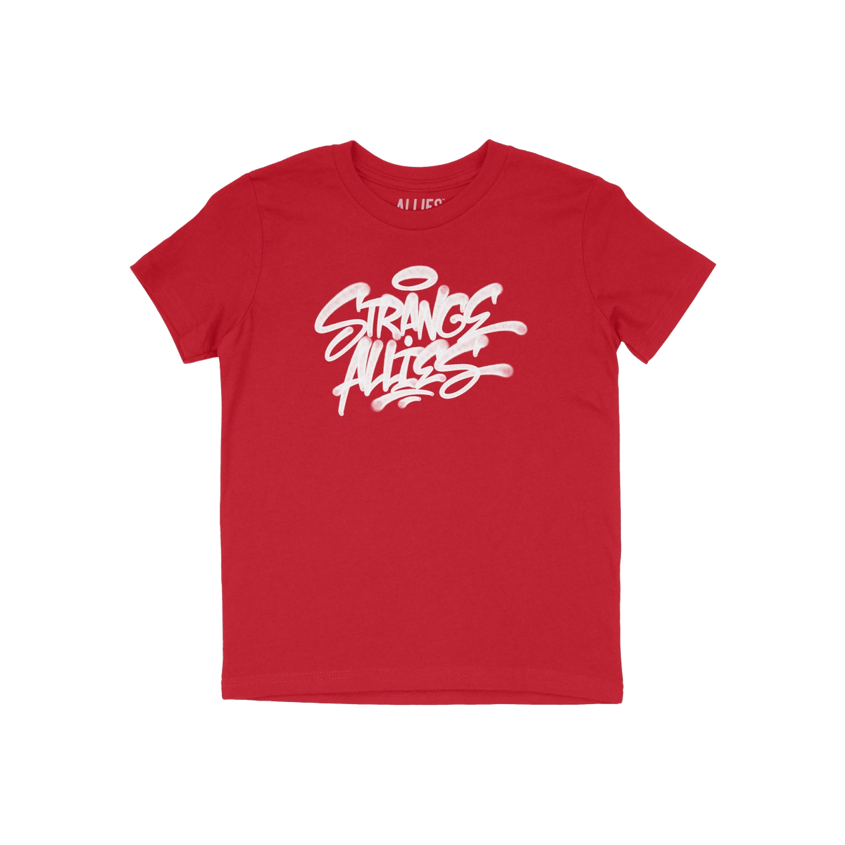 Strange Allies Handstyle T-shirt featuring bold, graffiti-style text STRANGE ALLIES across the chest, embodying rebellious sp