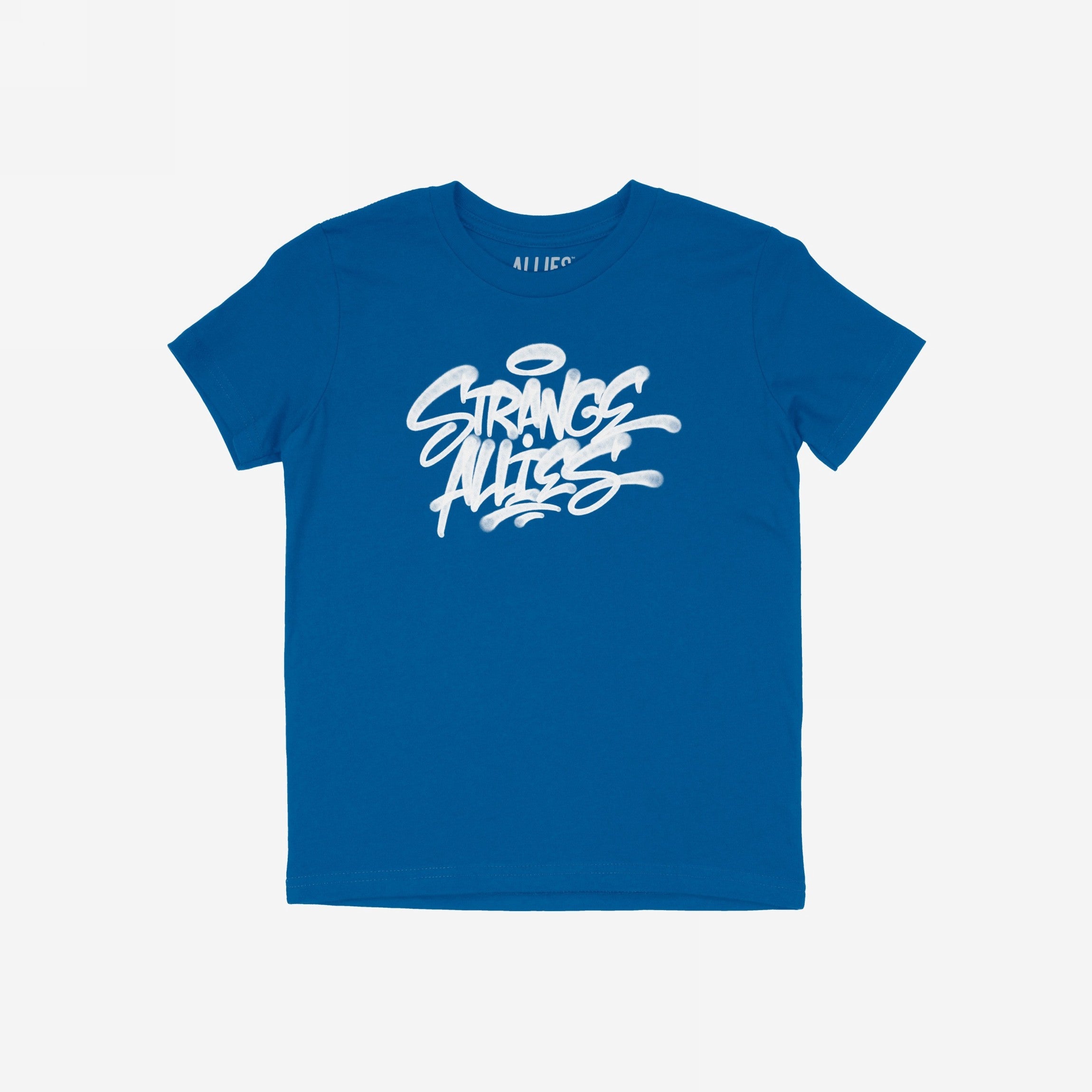 Strange Allies Handstyle T-shirt features bold, graffiti-style STRANGE ALLIES with a halo above the S on a blue tee, reflecting a rebellious, inclusive spirit.