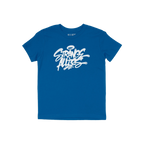 Strange Allies Handstyle T-shirt features bold, graffiti-style STRANGE ALLIES with a halo above the S on a blue tee, reflecti