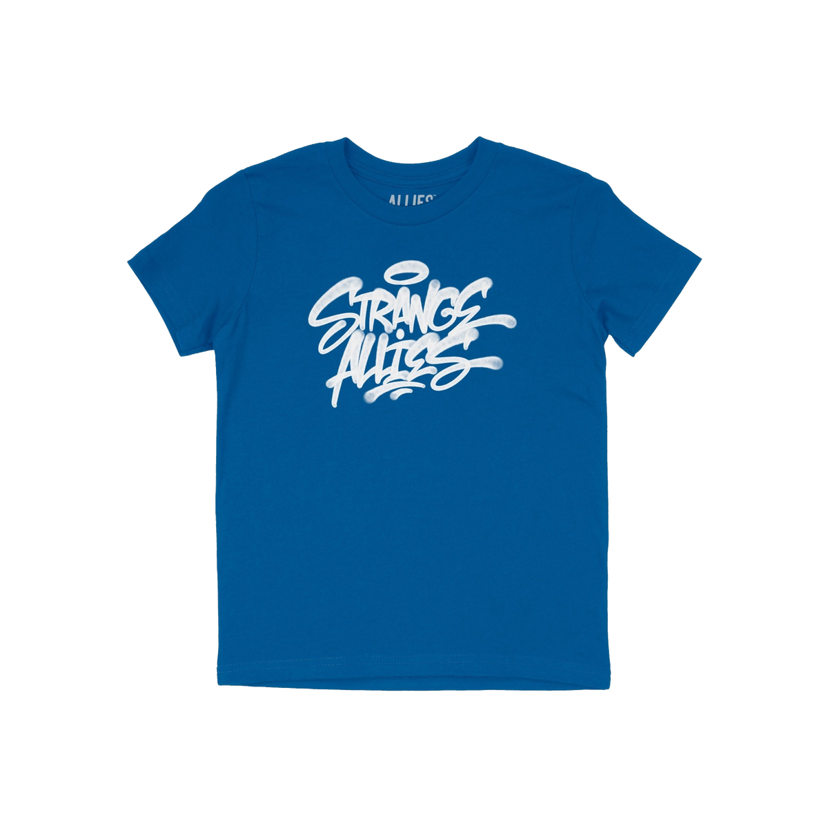Strange Allies Handstyle T-shirt features bold, graffiti-style STRANGE ALLIES with a halo above the S on a blue tee, reflecti