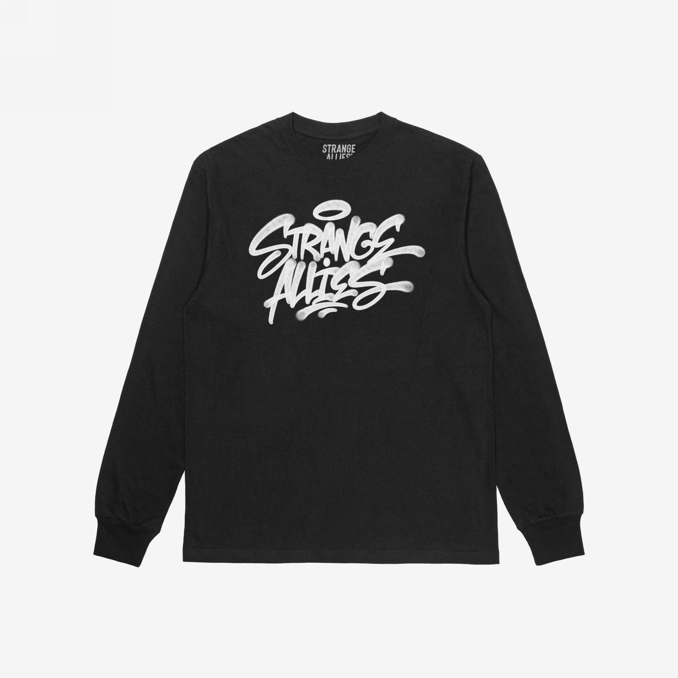 Strange Allies Handstyle T-shirt features a bold, graffiti-style STRANGE ALLIES logo on a black, long-sleeved shirt, embodying fearless expression and belonging for those beautifully out-of-place.