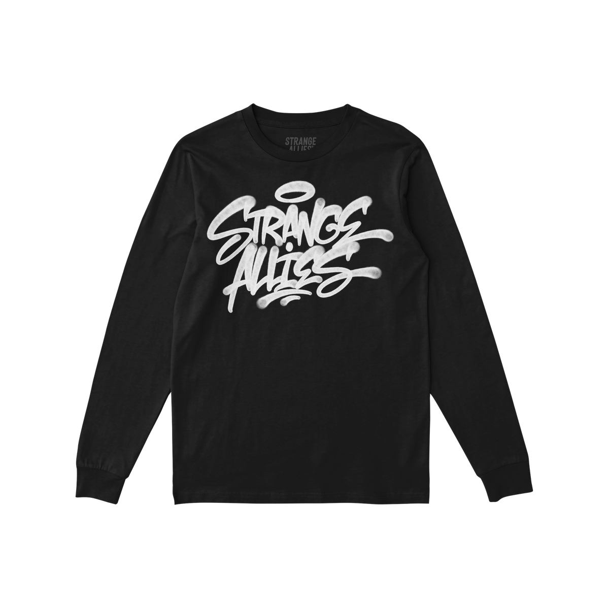 Strange Allies Handstyle T-shirt features a bold, graffiti-style STRANGE ALLIES logo on a black, long-sleeved shirt, embodyin