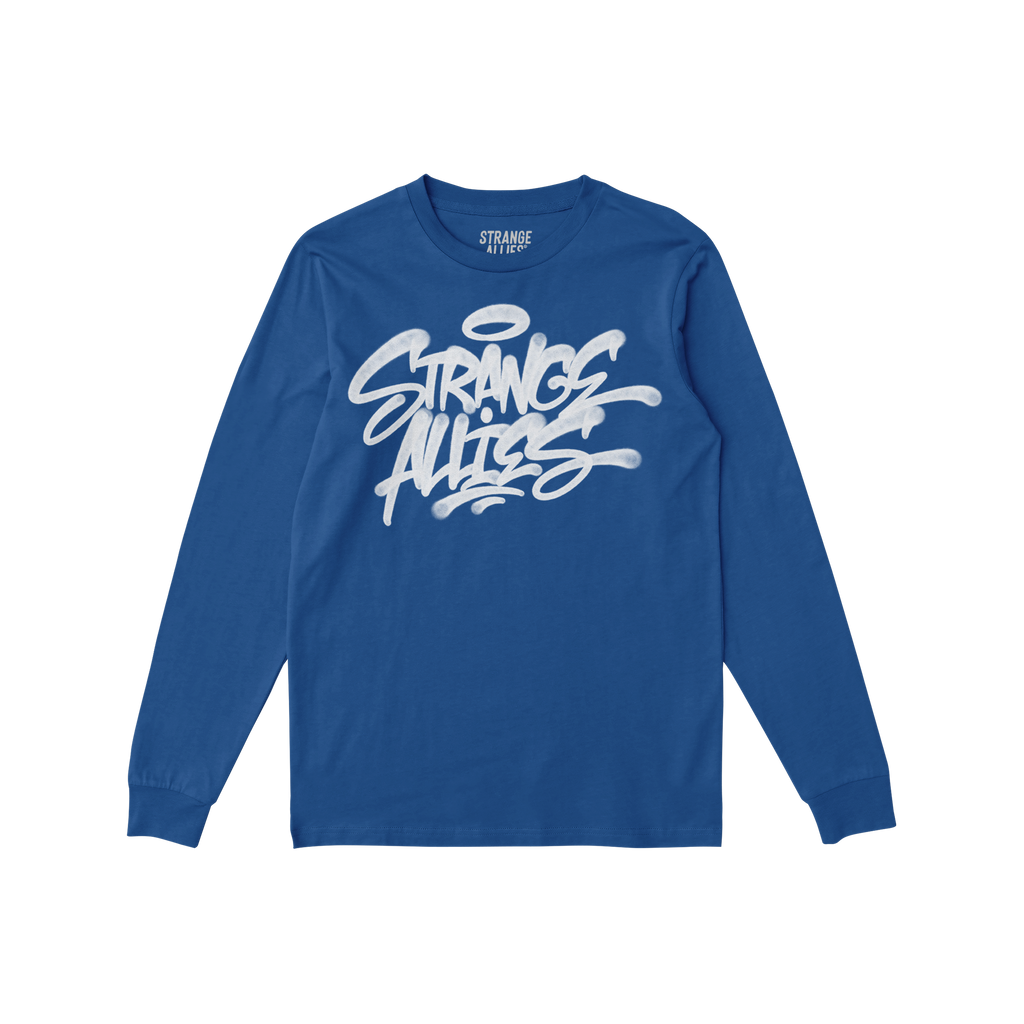 Strange Allies Handstyle T-shirt features a graffiti-style logo on a long-sleeve crewneck, symbolizing bold expression and un