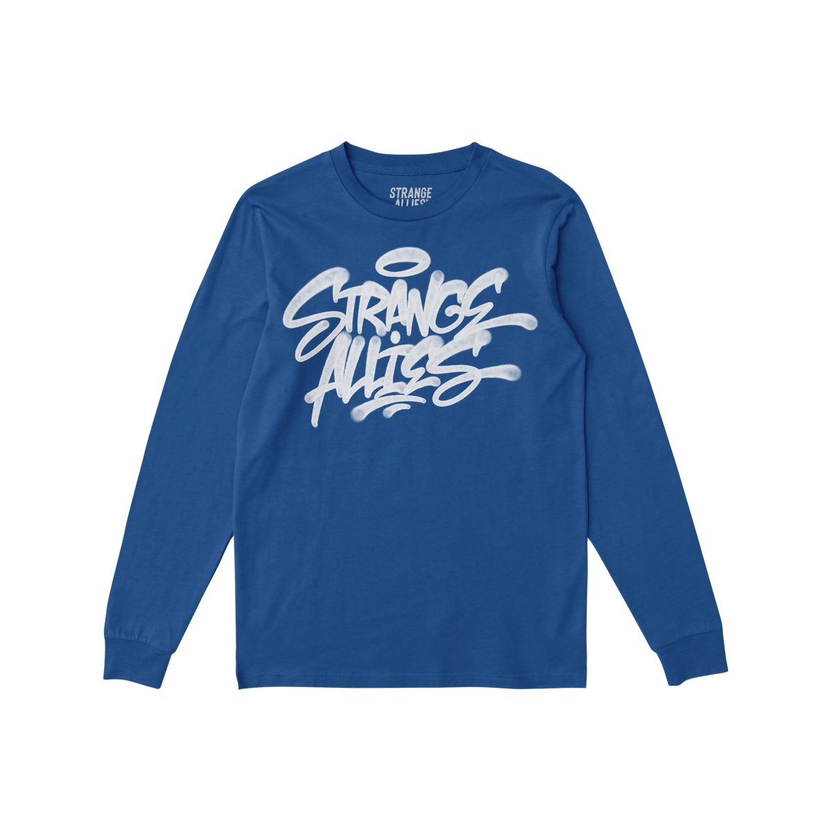 Strange Allies Handstyle T-shirt features a graffiti-style logo on a long-sleeve crewneck, symbolizing bold expression and un