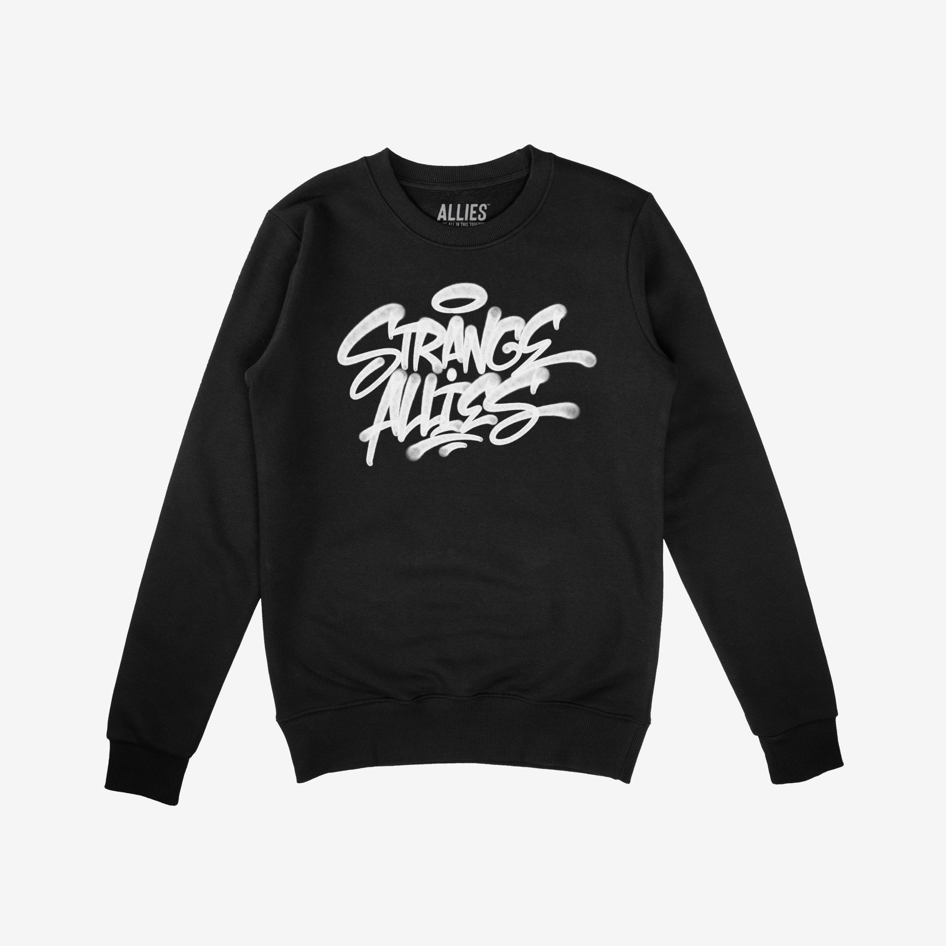 The Strange Allies Handstyle Hoodie & Sweatshirt features a bold graffiti-style “Strange Allies” graphic, symbolizing unity and rebellion, with an “ALLIES” label on the inside collar.
