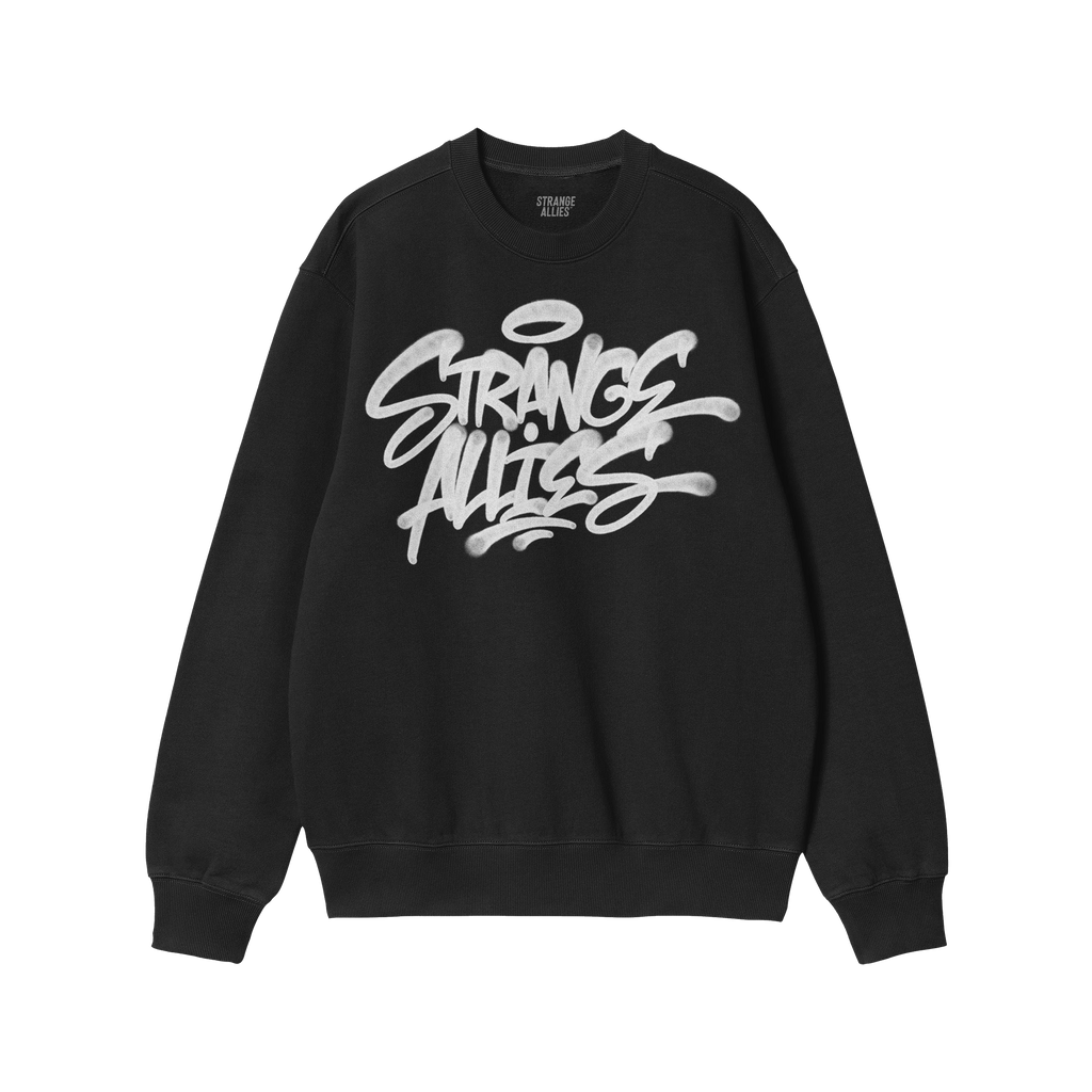 The Strange Allies Handstyle Hoodie & Sweatshirt features a bold graffiti-style “Strange Allies” graphic, symbolizing uni
