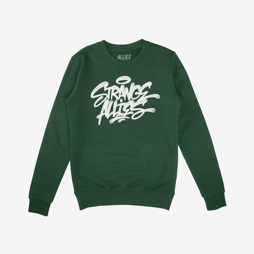Strange Allies Handstyle Crewneck Sweatshirt features a white graffiti-style graphic on the chest reading Strange Allies, reflecting unity and rebellion. Ribbed cuffs and hem enhance its street-ready, timeless fit.