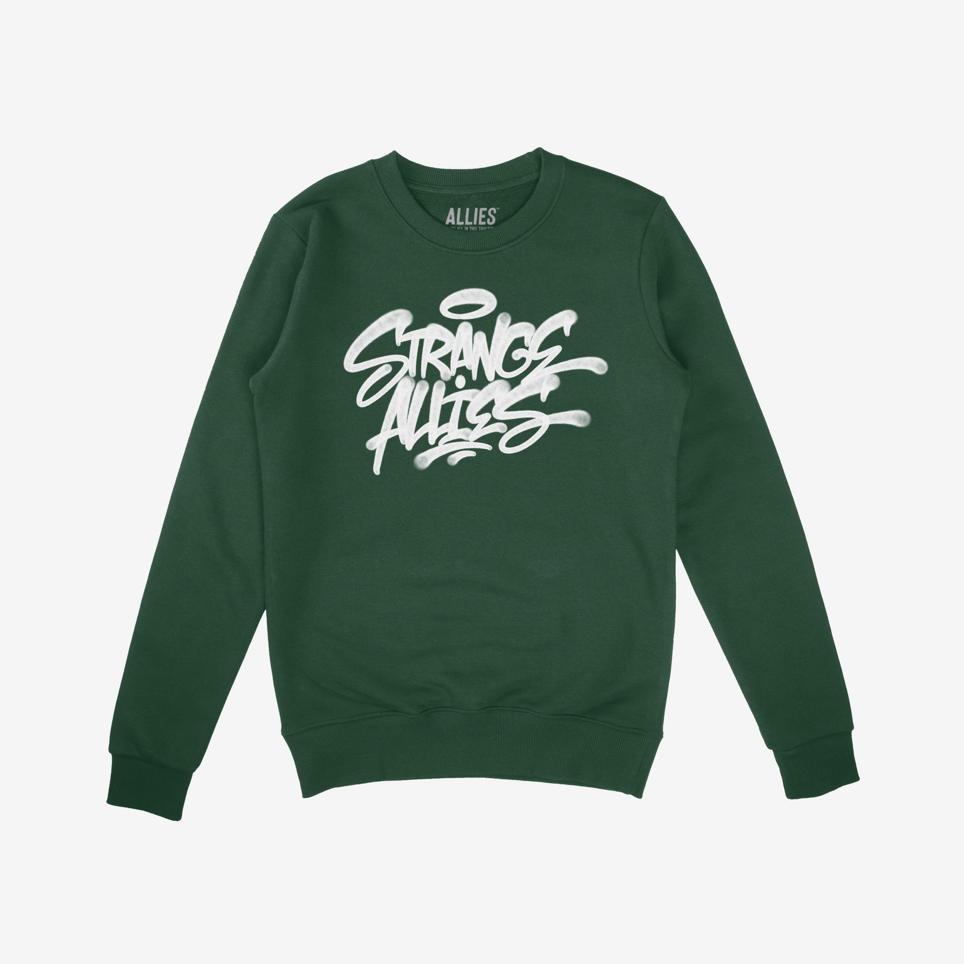 Strange Allies Handstyle Crewneck Sweatshirt features a white graffiti-style graphic on the chest reading Strange Allies, reflecting unity and rebellion. Ribbed cuffs and hem enhance its street-ready, timeless fit.
