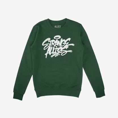 Strange Allies Handstyle Crewneck Sweatshirt features a white graffiti-style graphic on the chest reading Strange Allies, reflecting unity and rebellion. Ribbed cuffs and hem enhance its street-ready, timeless fit.