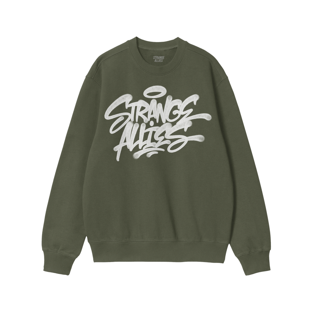 Strange Allies Handstyle Crewneck Sweatshirt features a white graffiti-style graphic on the chest reading Strange Allies, ref