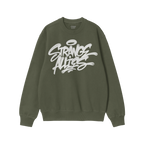 Strange Allies Handstyle Crewneck Sweatshirt features a white graffiti-style graphic on the chest reading Strange Allies, ref