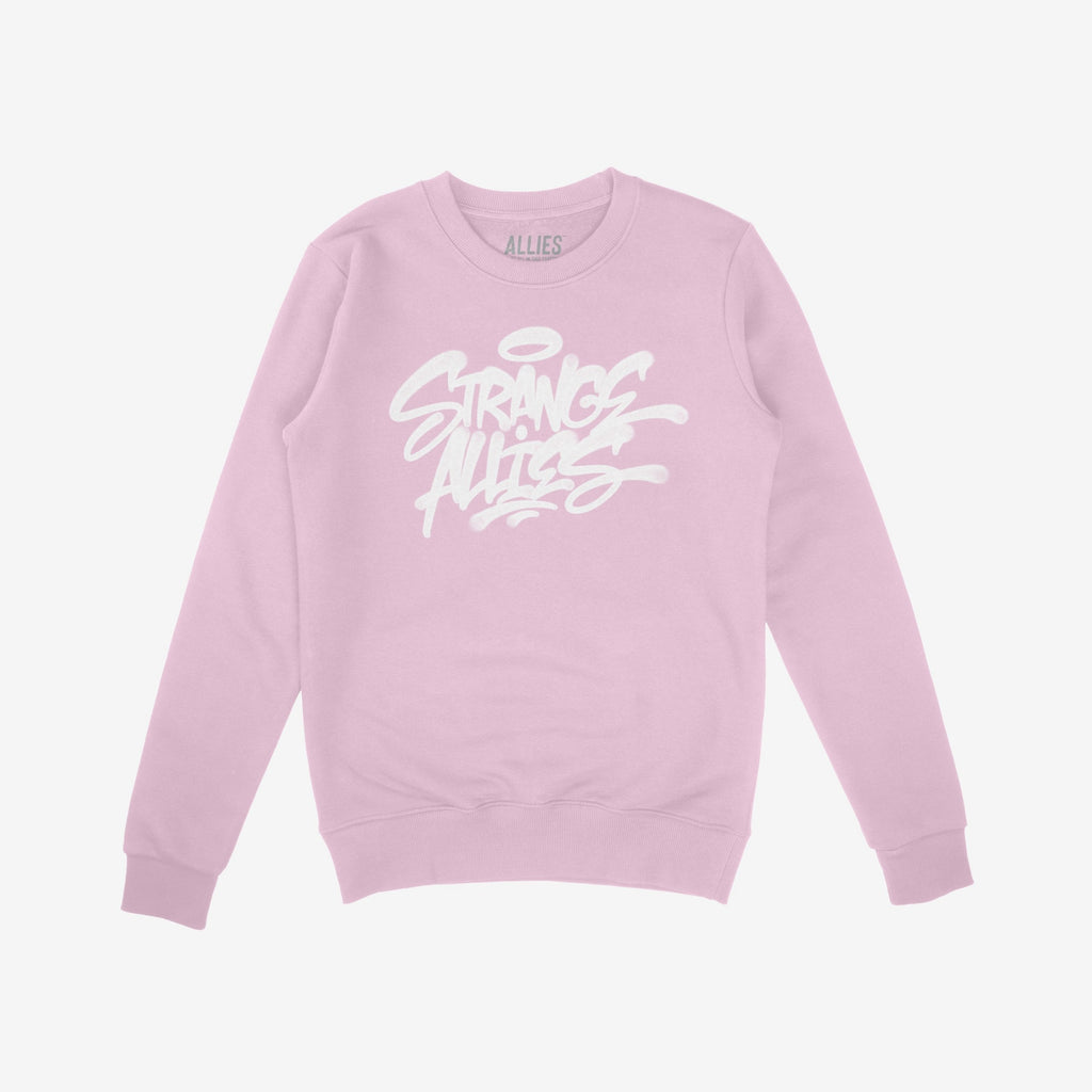 Pastel-pink crewneck sweatshirt with Strange Allies in graffiti-style text, representing unity and rebellion. The Allies brand name is visible inside the collar. Laid flat on a white background.