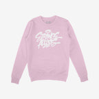 Pastel-pink crewneck sweatshirt with Strange Allies in graffiti-style text, representing unity and rebellion. The Allies brand name is visible inside the collar. Laid flat on a white background.