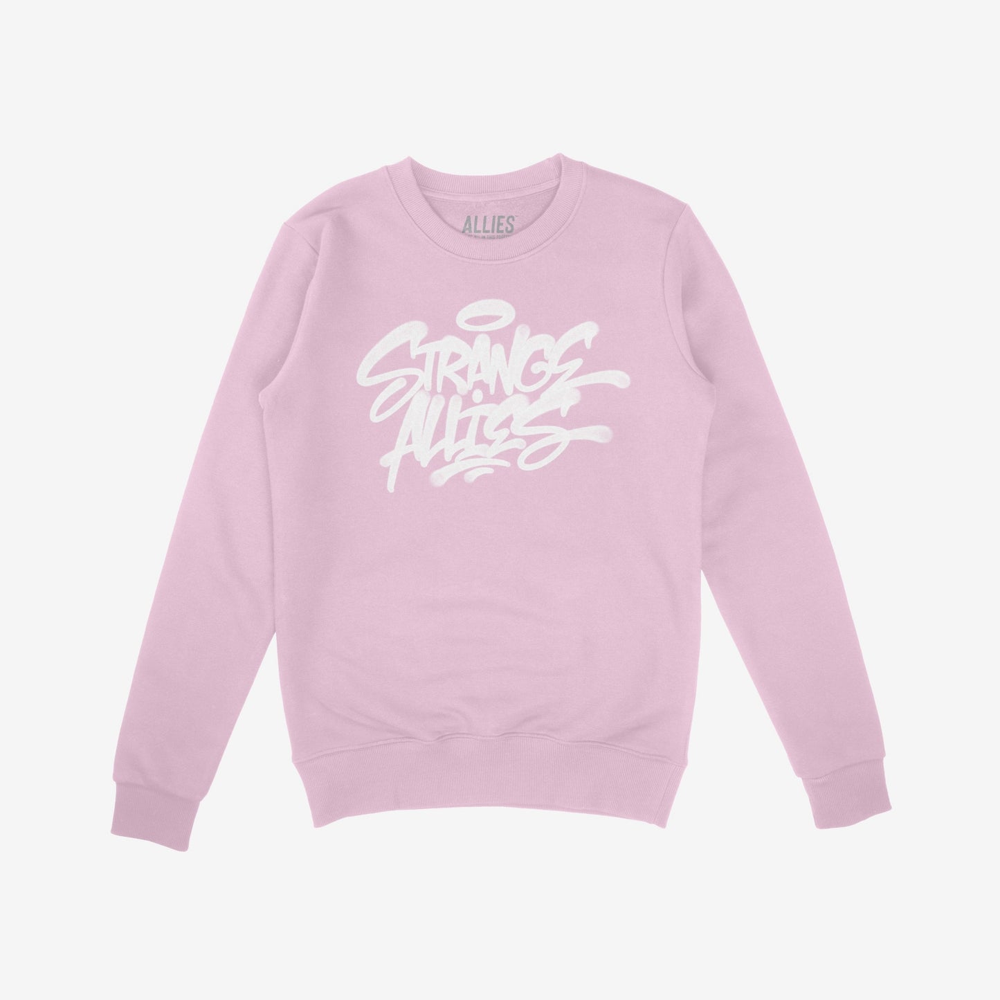 Pastel-pink crewneck sweatshirt with Strange Allies in graffiti-style text, representing unity and rebellion. The Allies brand name is visible inside the collar. Laid flat on a white background.