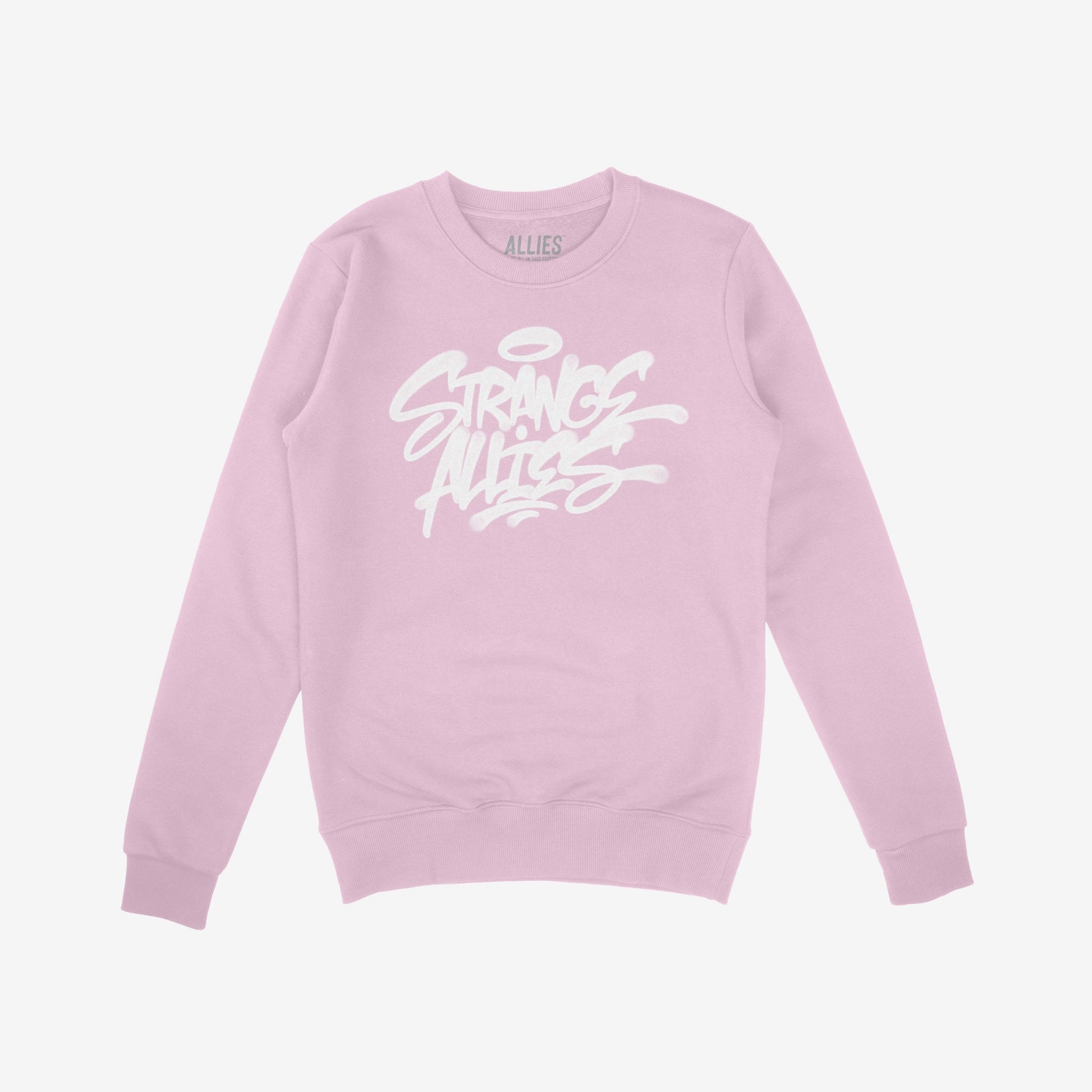 Pastel-pink crewneck sweatshirt with Strange Allies in graffiti-style text, representing unity and rebellion. The Allies brand name is visible inside the collar. Laid flat on a white background.