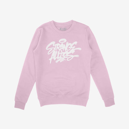 Pastel-pink crewneck sweatshirt with Strange Allies in graffiti-style text, representing unity and rebellion. The Allies brand name is visible inside the collar. Laid flat on a white background.