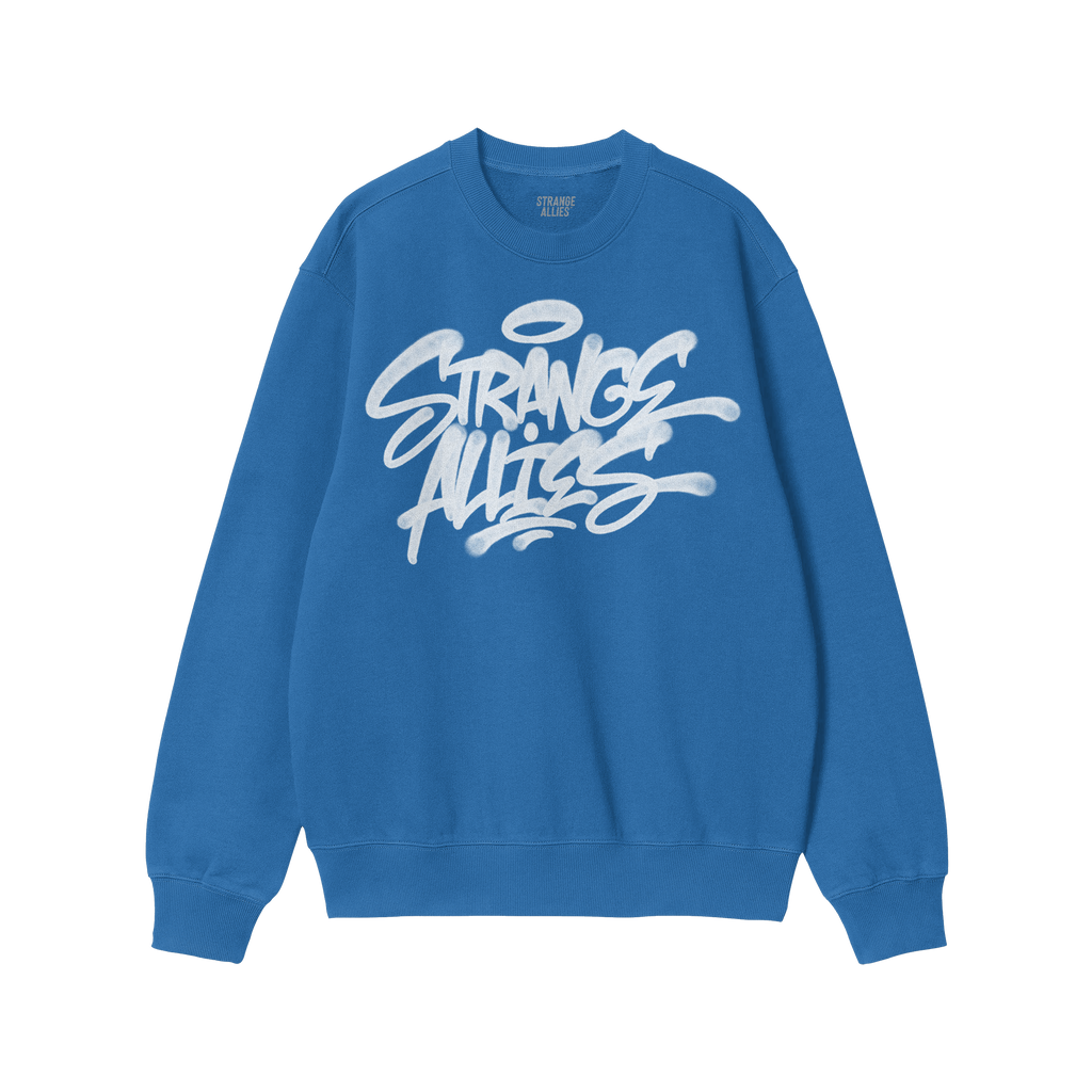 Cobalt-blue crewneck sweatshirt featuring the Strange Allies Handstyle Hoodie & Sweatshirt design, showcasing a white graffit