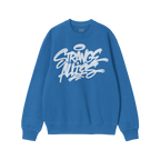 Cobalt-blue crewneck sweatshirt featuring the Strange Allies Handstyle Hoodie & Sweatshirt design, showcasing a white graffit
