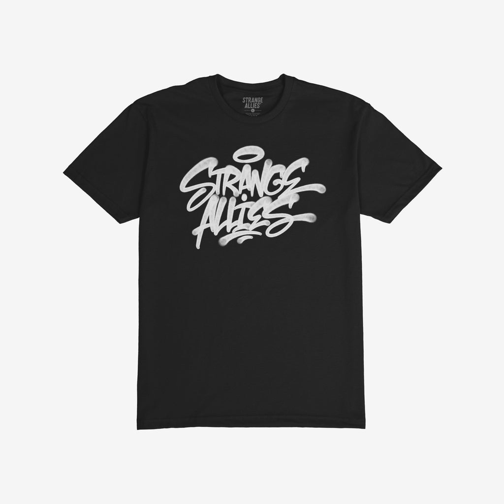 Strange Allies Handstyle T-shirt features a graffiti-style logo with hand-sprayed drips, embodying bold self-expression for those who embrace their uniqueness and belong to an inclusive community.