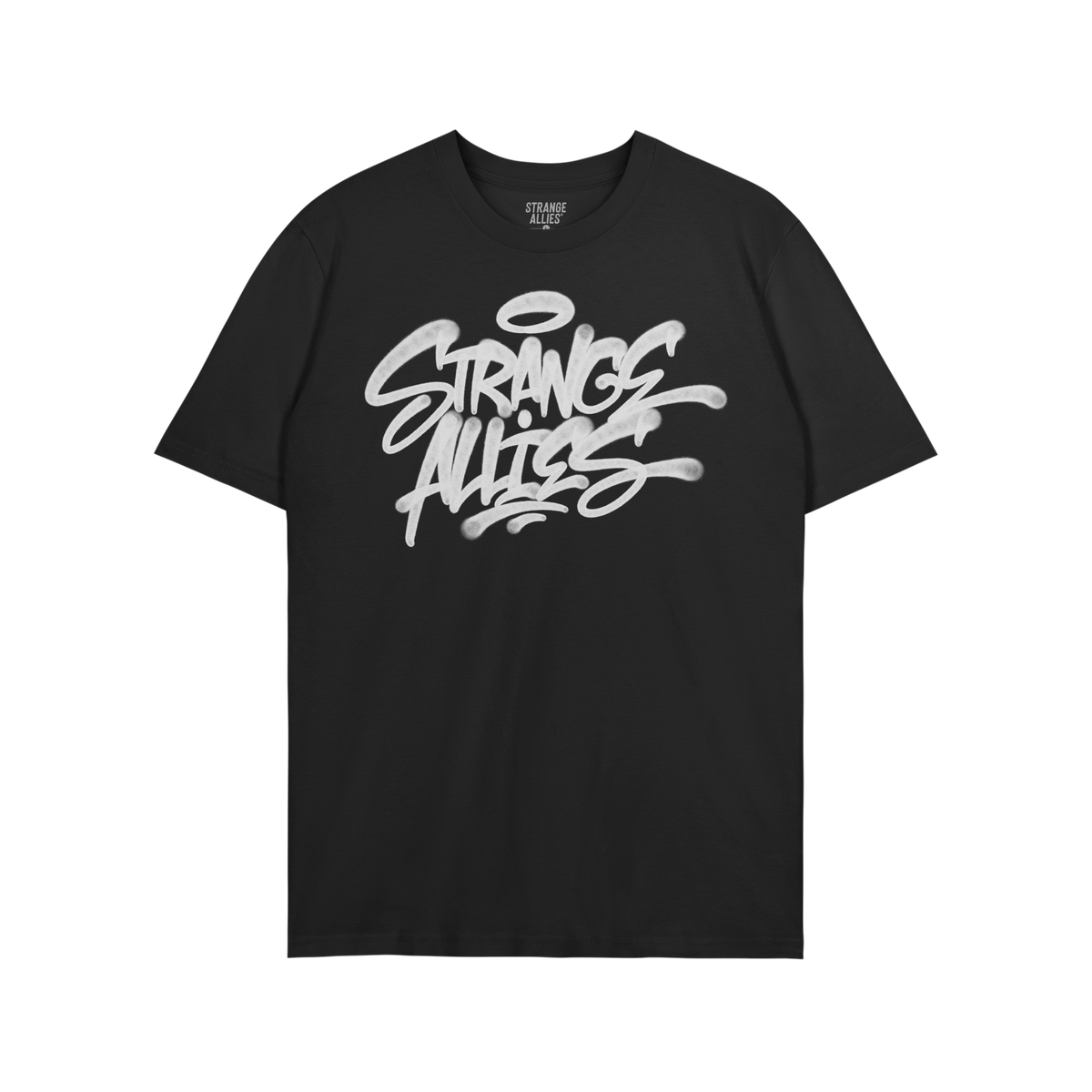 Strange Allies Handstyle T-shirt features a graffiti-style logo with hand-sprayed drips, embodying bold self-expression for t