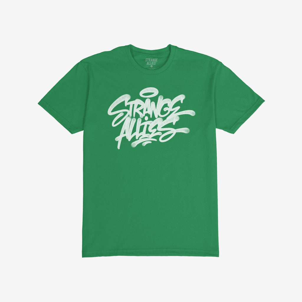 Strange Allies Handstyle T-shirt features a bold graffiti-style graphic reading “Strange Allies,” symbolizing unity and bold expression, perfect for those who embrace their unique place in society.
