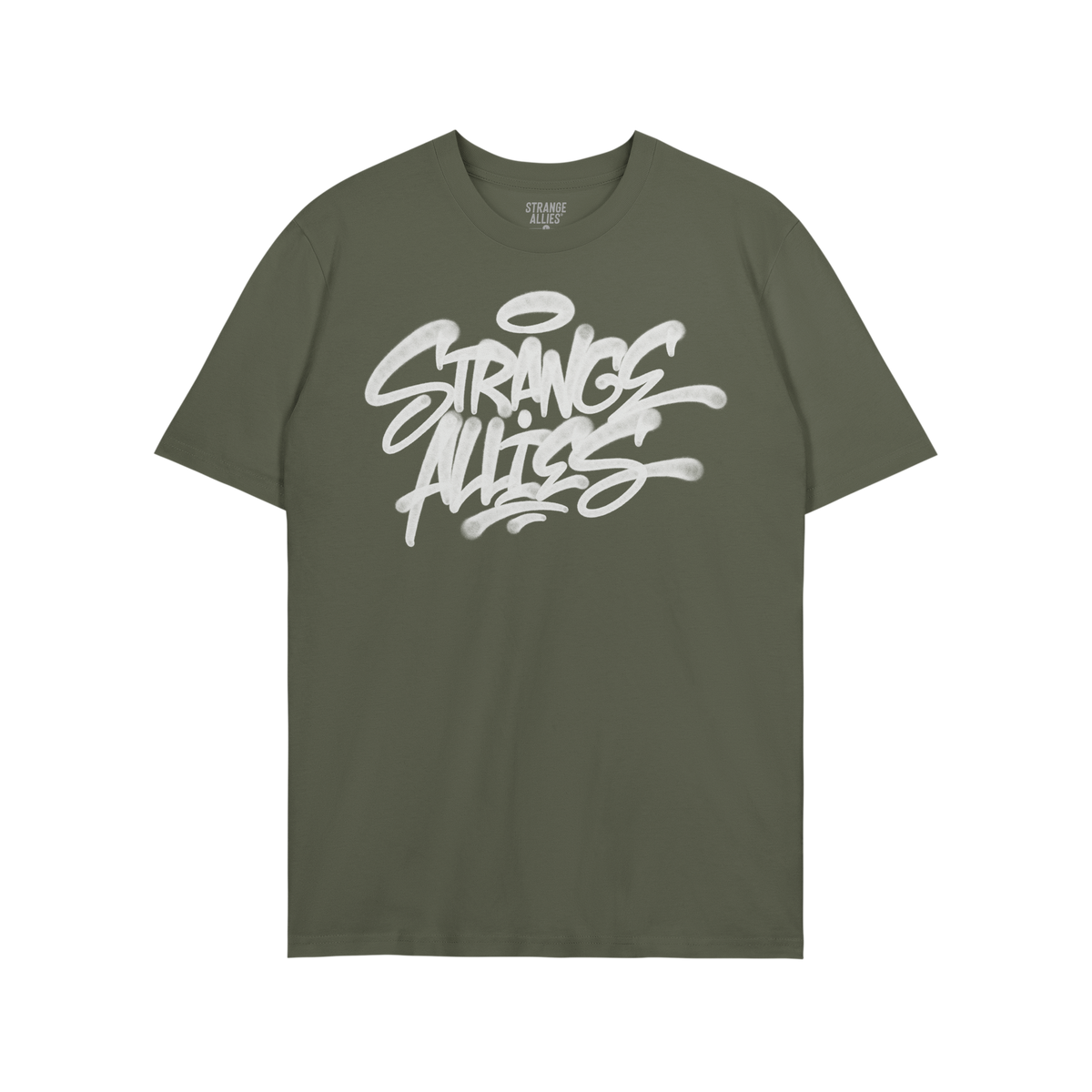 Strange Allies Handstyle T-shirt features a bold graffiti-style graphic reading “Strange Allies,” symbolizing unity and b