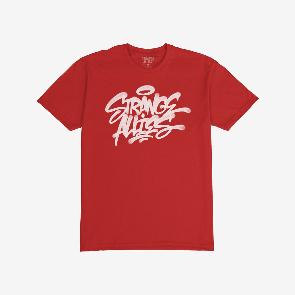 Strange Allies Handstyle T-shirt featuring a graffiti-style logo on the chest, epitomizing bold, outsider expression and community spirit. Perfect for those who embrace individuality and resist conformity.