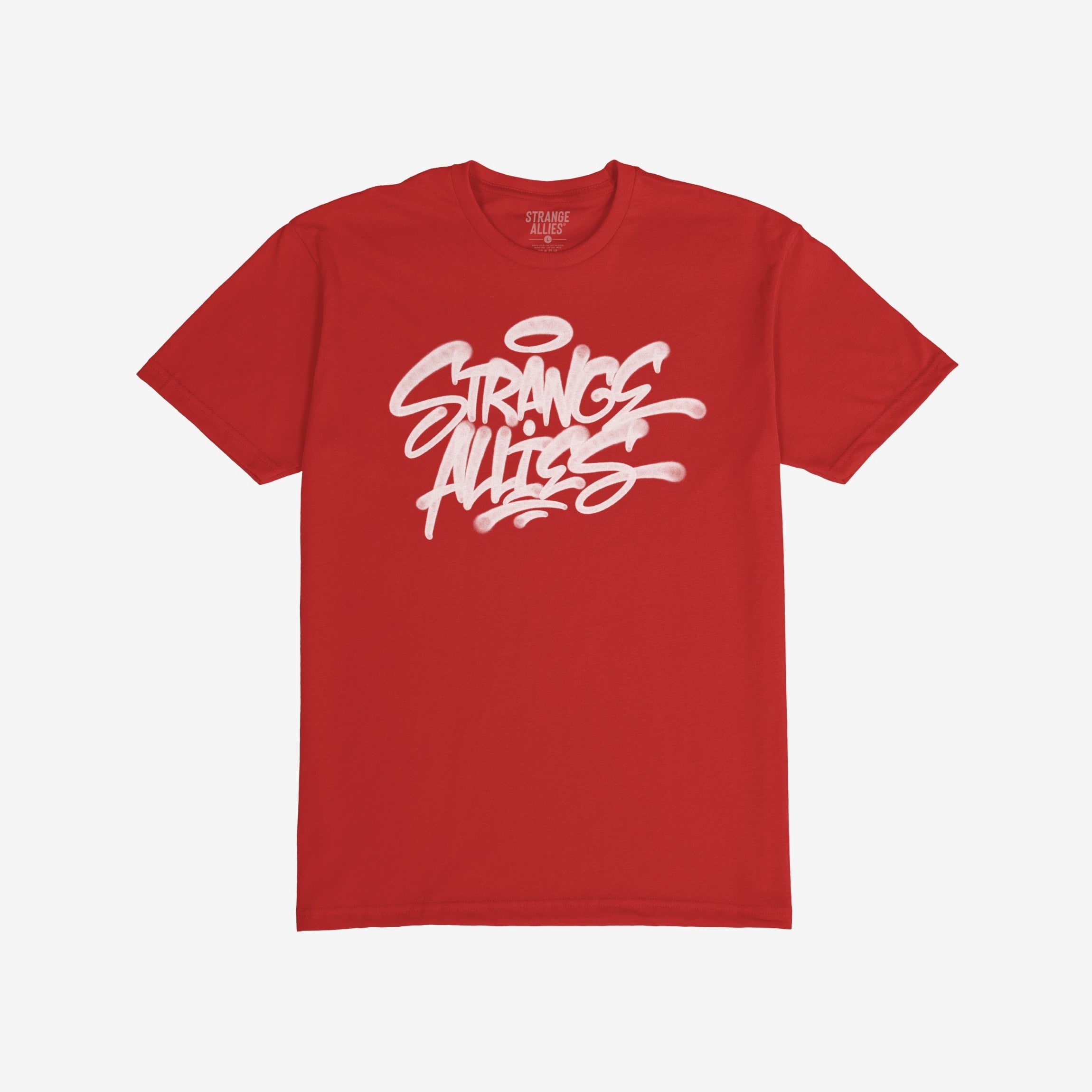 Strange Allies Handstyle T-shirt featuring a graffiti-style logo on the chest, epitomizing bold, outsider expression and community spirit. Perfect for those who embrace individuality and resist conformity.