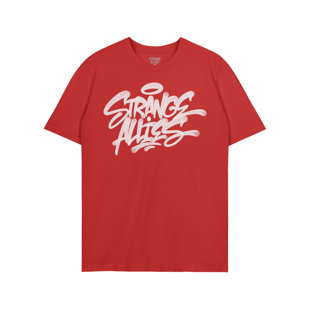 Strange Allies Handstyle T-shirt featuring a graffiti-style logo on the chest, epitomizing bold, outsider expression and comm