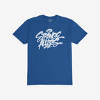 Strange Allies Handstyle T-shirt features a royal-blue crew-neck with a bold, white graffiti-style logo and halo motif, representing a rebellious spirit and inclusivity.