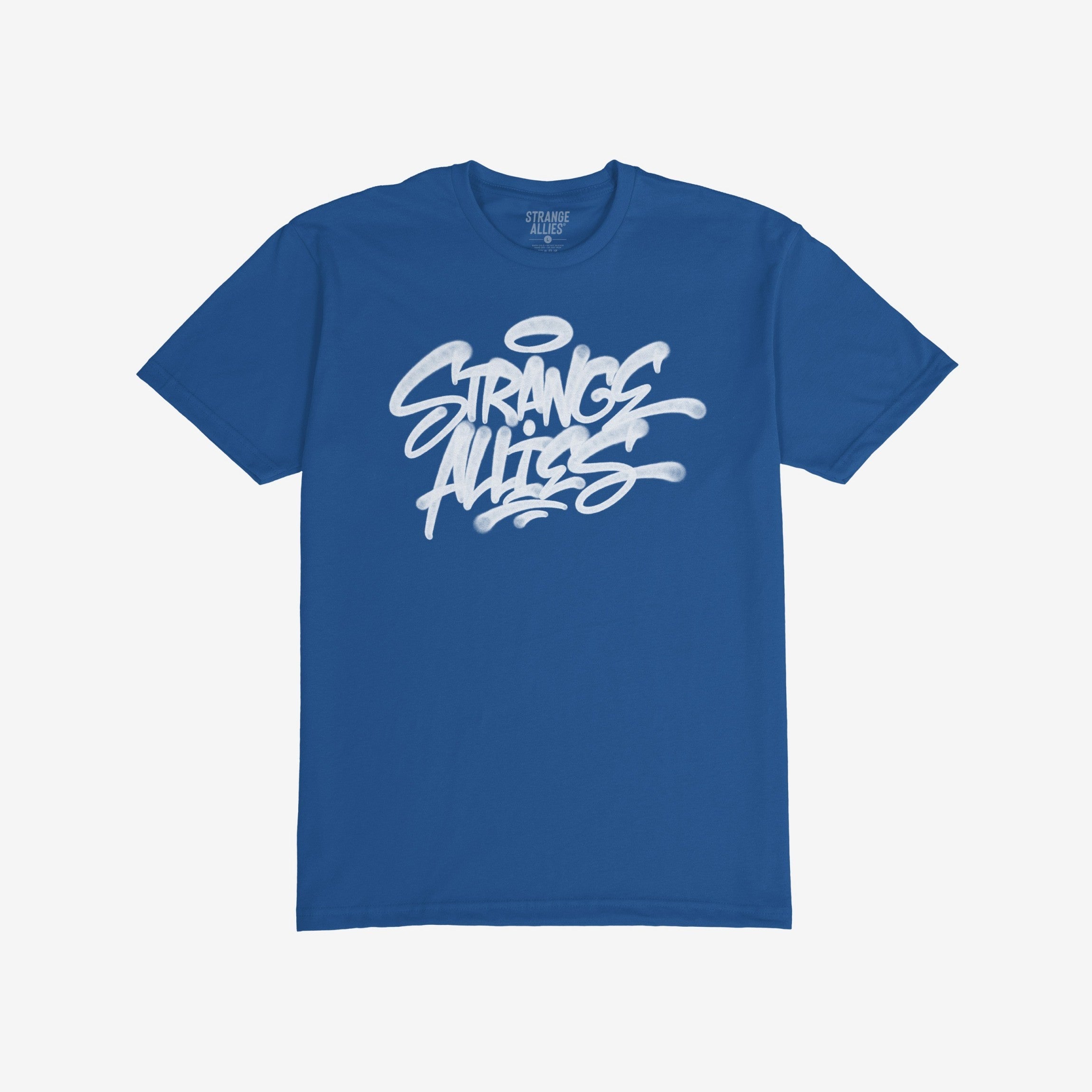Strange Allies Handstyle T-shirt features a royal-blue crew-neck with a bold, white graffiti-style logo and halo motif, representing a rebellious spirit and inclusivity.