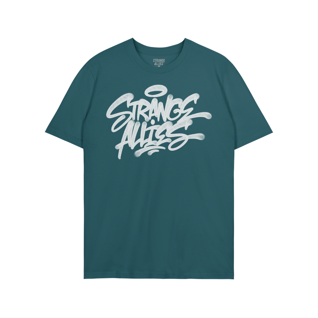 Strange Allies Handstyle T-shirt features a royal-blue crew-neck with a bold, white graffiti-style logo and halo motif, repre