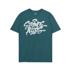 Strange Allies Handstyle T-shirt features a royal-blue crew-neck with a bold, white graffiti-style logo and halo motif, repre