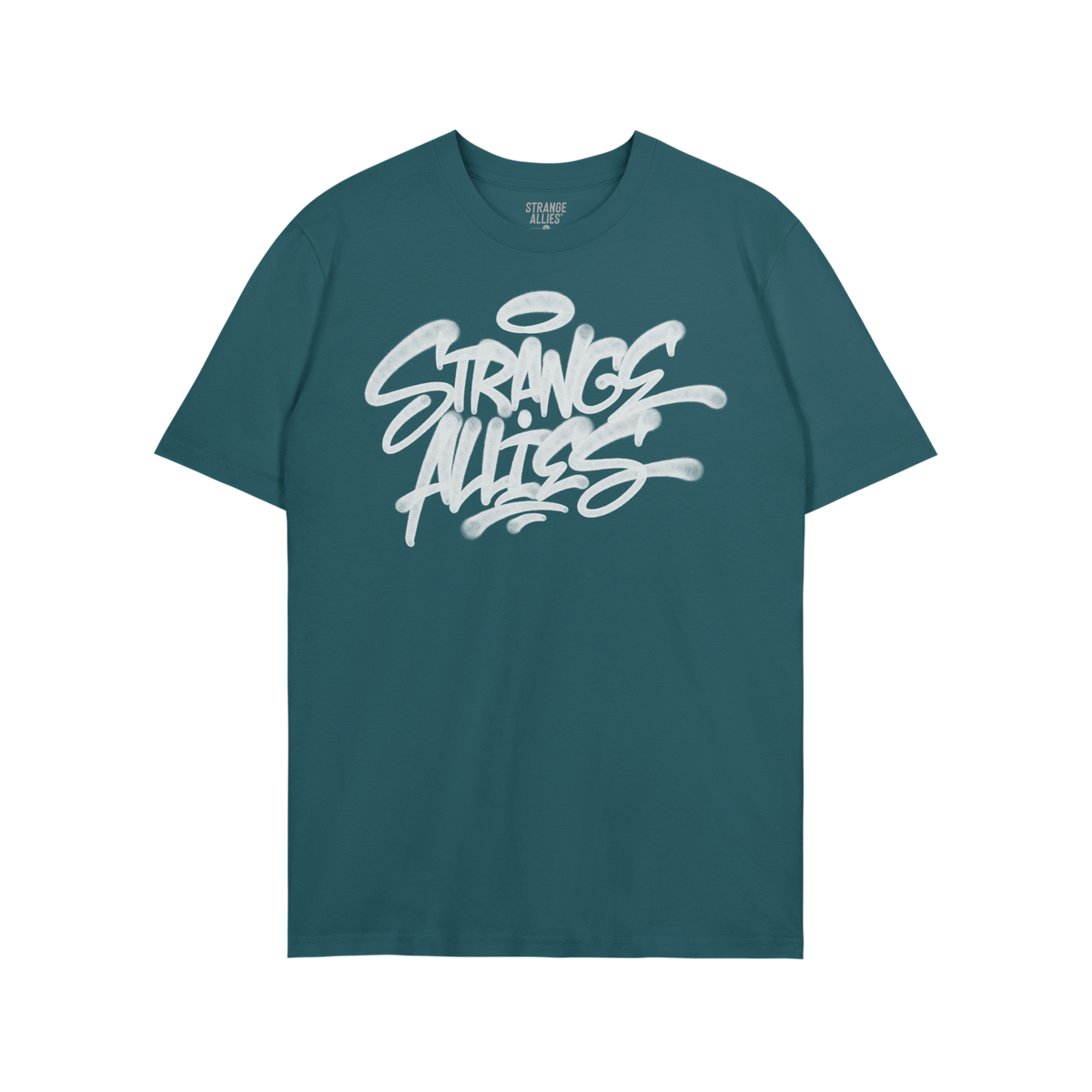 Strange Allies Handstyle T-shirt features a royal-blue crew-neck with a bold, white graffiti-style logo and halo motif, repre
