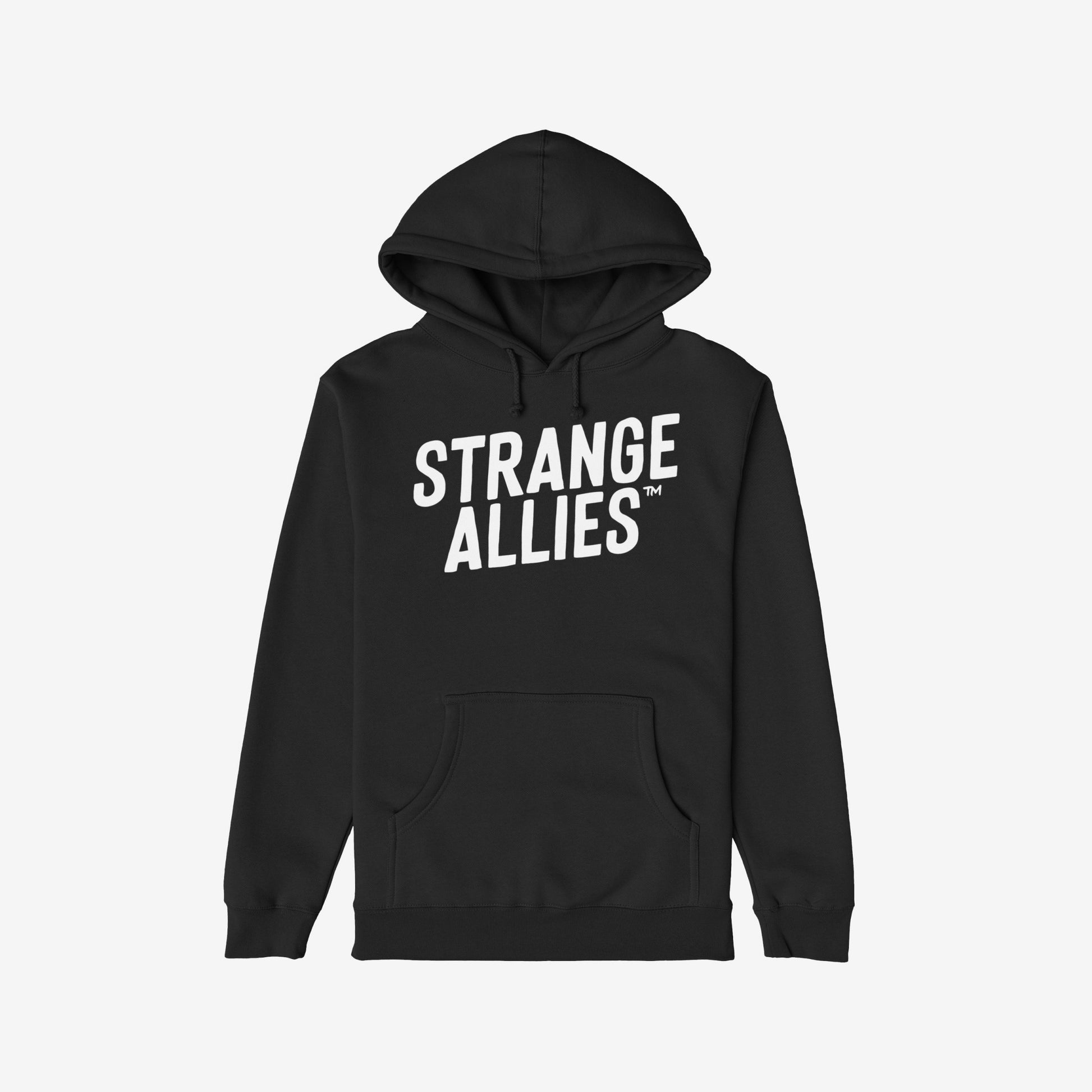 Strange Allies Hoodie & Sweatshirt features bold “STRANGE ALLIES™” text across the chest, a drawstring hood, and kangaroo pocket, embodying unity and defiance. Ideal for making a statement.